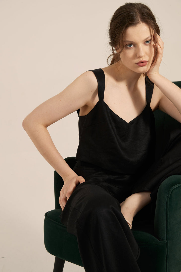 Mia French Linen Twill Crop Top - Black