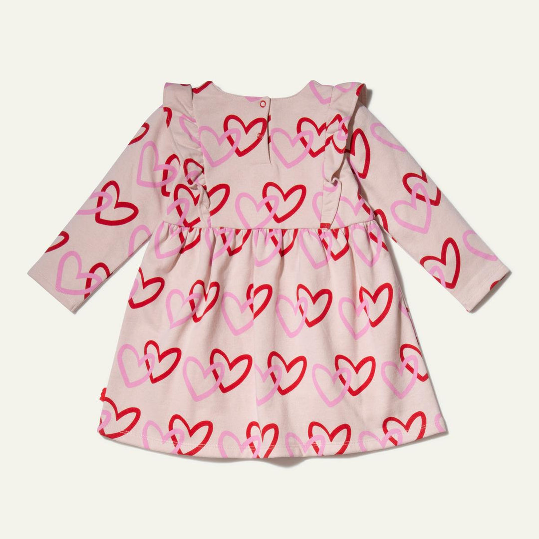 Recycled Cotton Hearts Baby Ruffle Dress - Festival Pink Hearts
