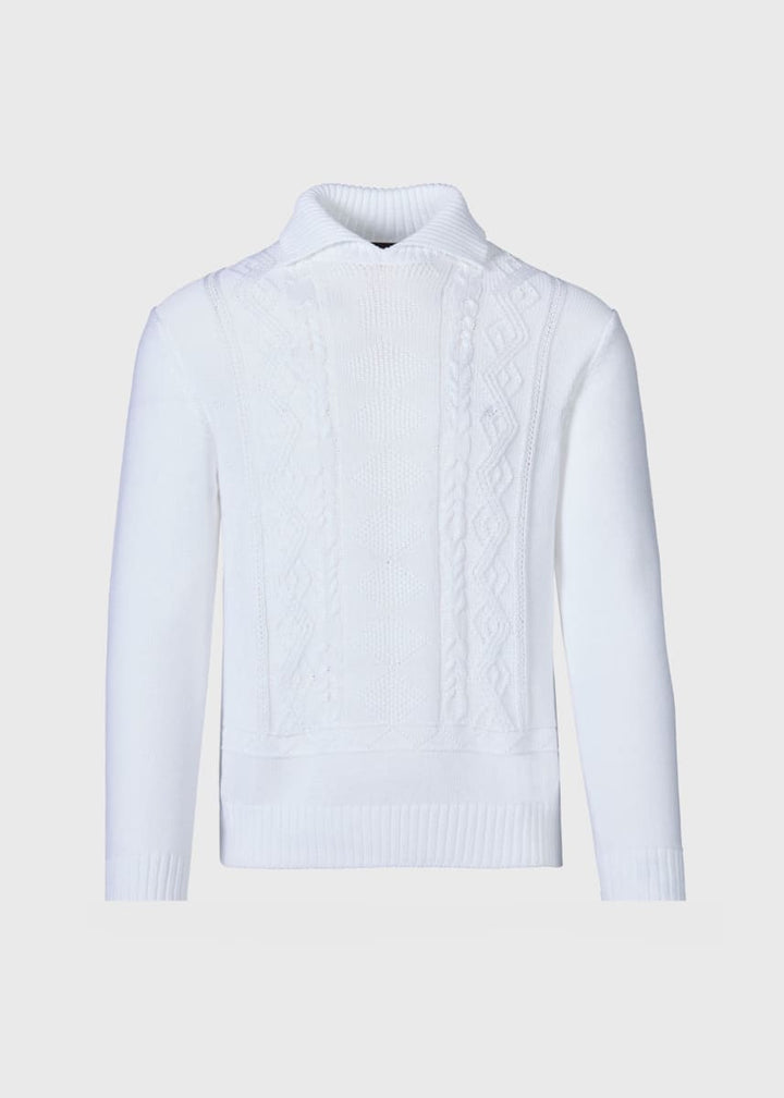 Aran Cable Mock Neck Cotton Sweater - White