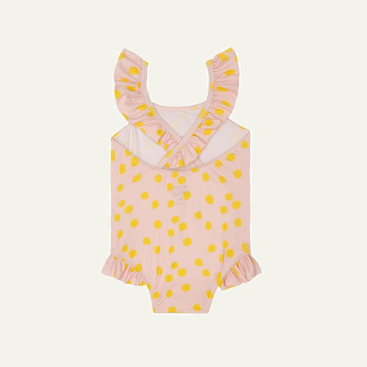 Recycled Polyester Pink Dotted Ruffle Baby Swimsuit - Misty Rose/cyber Yellow