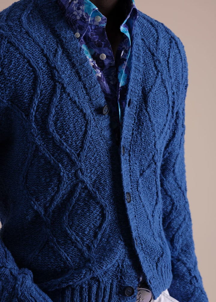Open Weave Diamond Cardigan - Blue