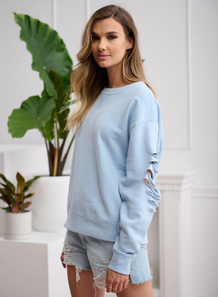 Shredded Blair Crew Neck Sweatshirt - Powder Blue