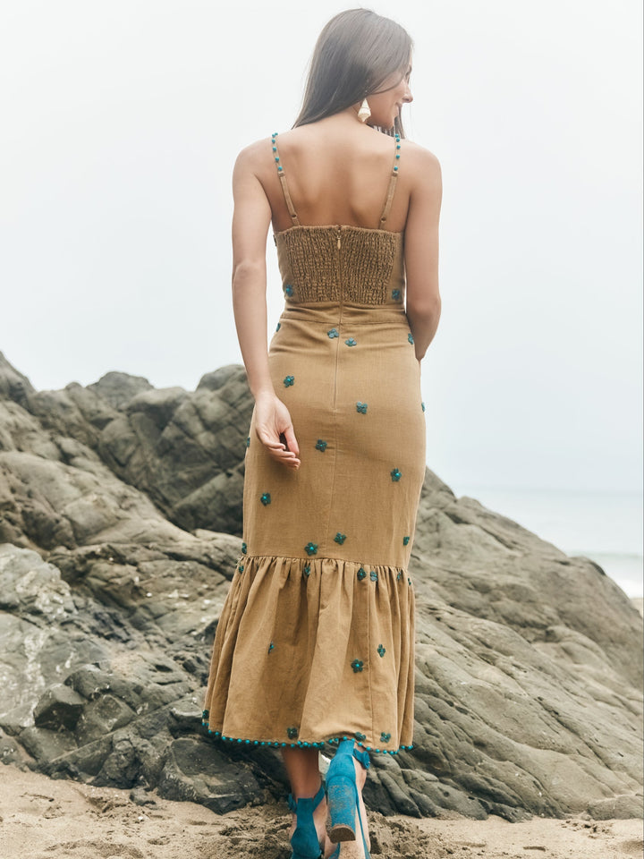 Desirae Midi Dress - Light Fawn & Emeralds