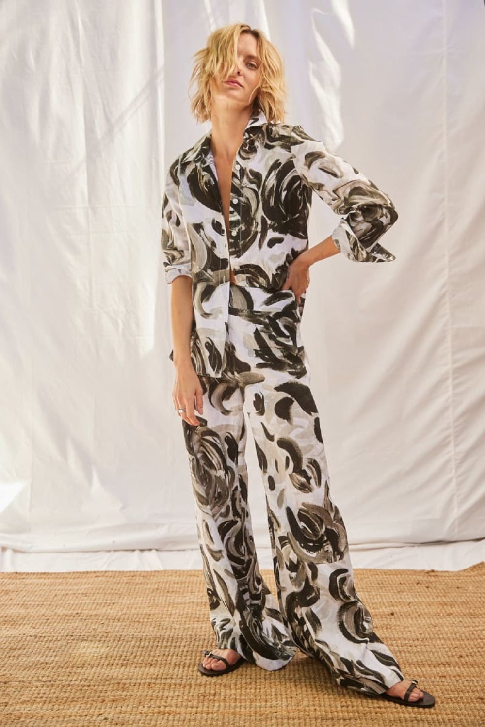 Painterly Flower Palazzo Pant - Grey/White - Pants