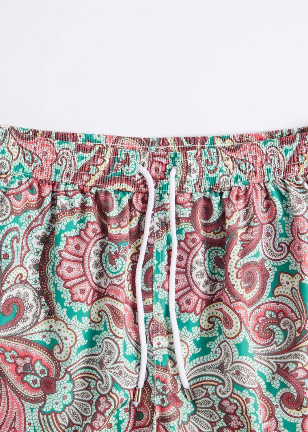 Paisley Print Swim Trunk - Green/Red - Swim Trunk