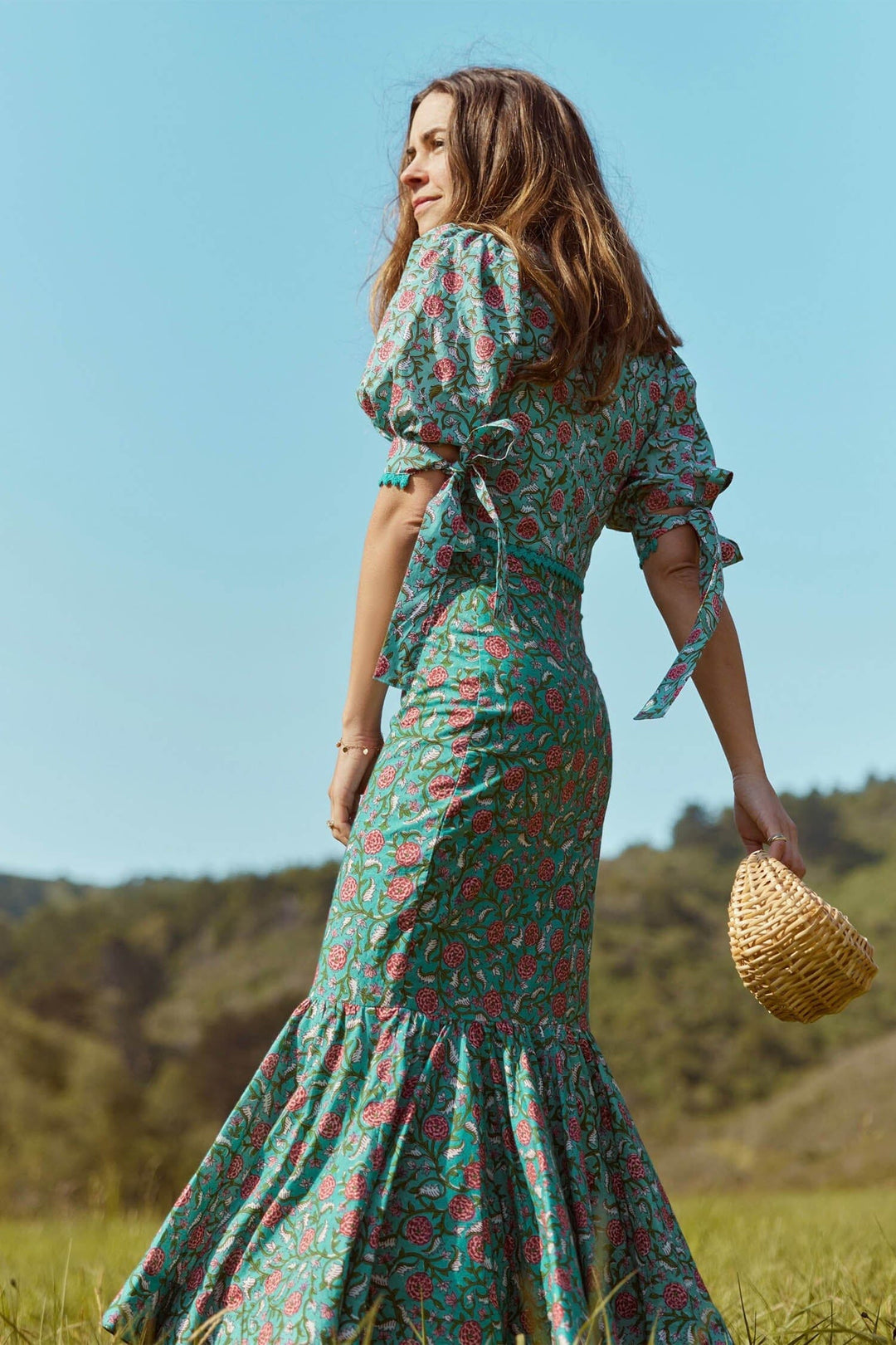 Patsy Fluted Pencil Skirt - Teal & Cerise Floral Print