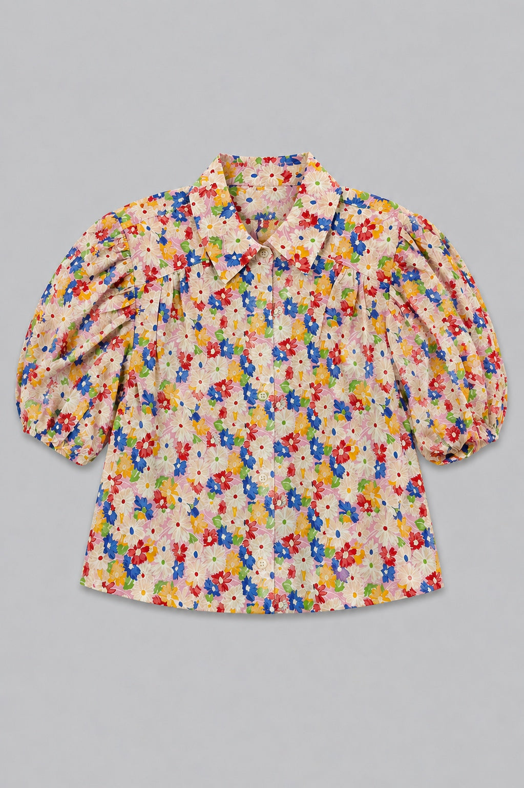 Floral Puff Sleeve Button Up - Cream Multi