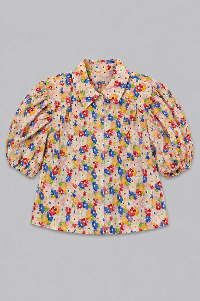 Floral Puff Sleeve Button Up - Cream Multi
