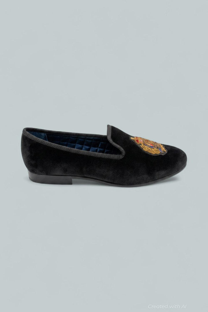 Paxton Crest Velvet Slipper - Black - Loafers