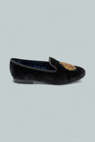 Paxton Crest Velvet Slipper - Black - Loafers