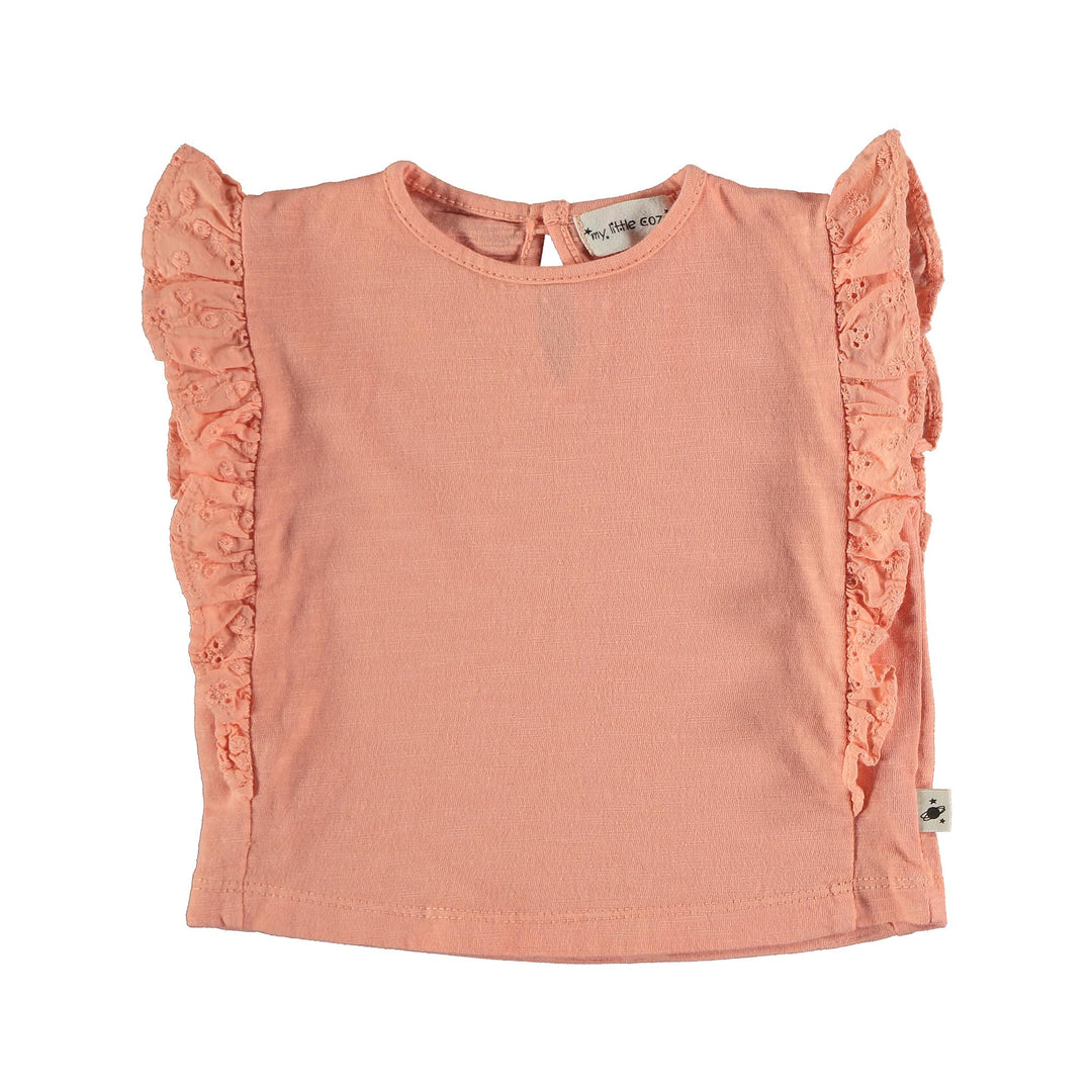 Baby Organic Cotton Ruffled Embroidery T-Shirt - Peach