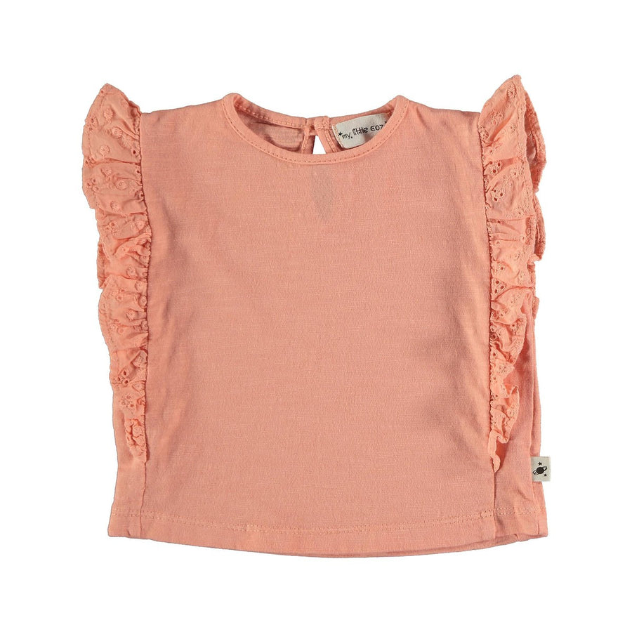 Baby Organic Cotton Ruffled Embroidery T-Shirt - Peach Blouses My Little Cozmo 