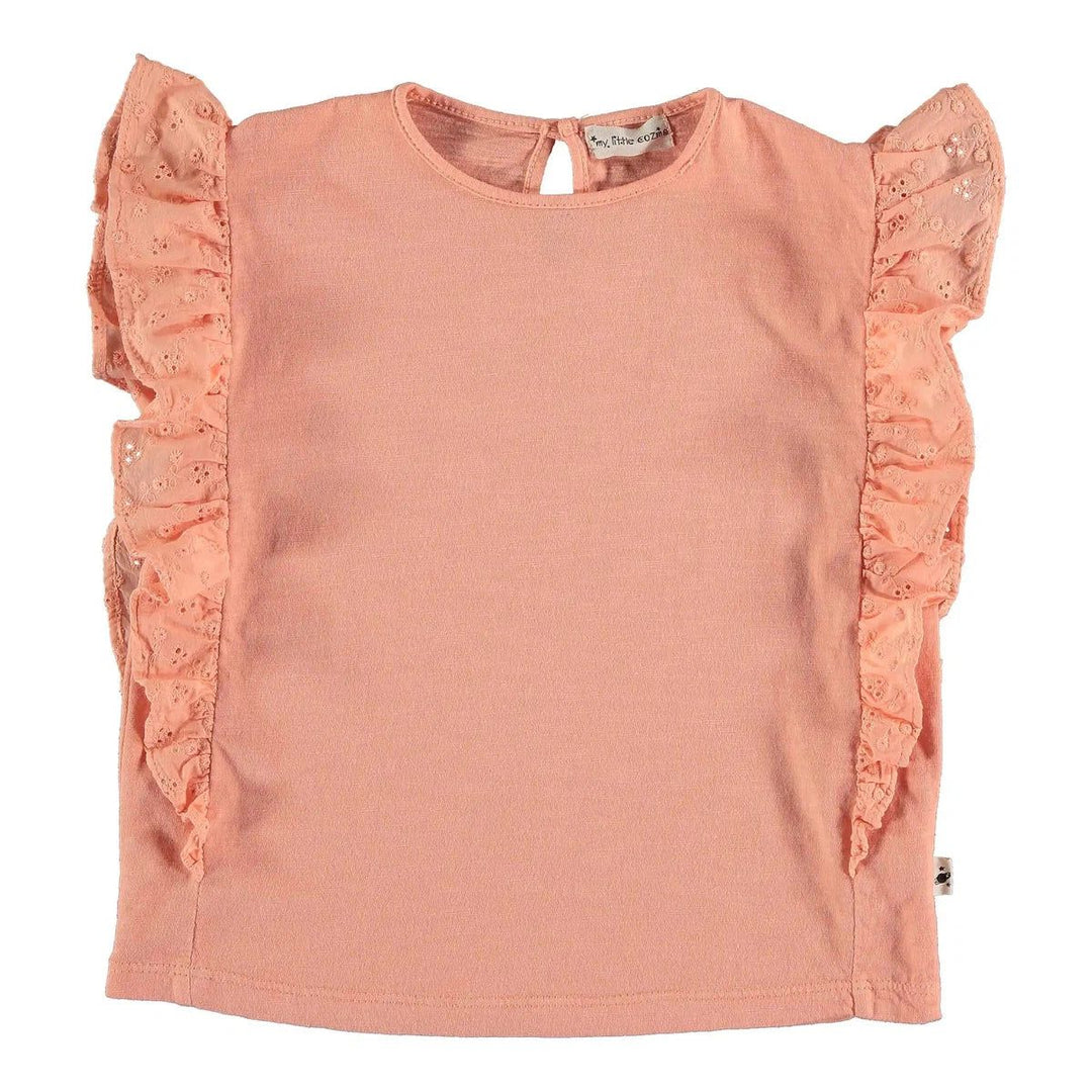 Kids Organic Cotton Ruffled Embroidery T-Shirt - Peach Blouses My Little Cozmo 