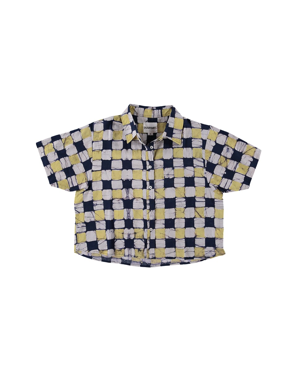 Hand Block Printed 'The Michelle' Shirt - Yellow And Black Chessboard Batik Print