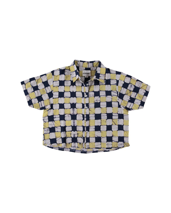 Hand Block Printed 'The Michelle' Shirt - Yellow And Black Chessboard Batik Print