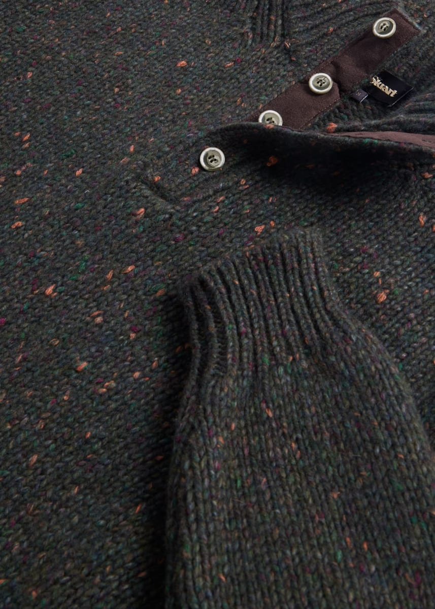 Wool & Cashmere Donegal Button Mock Neck - Dark Olive