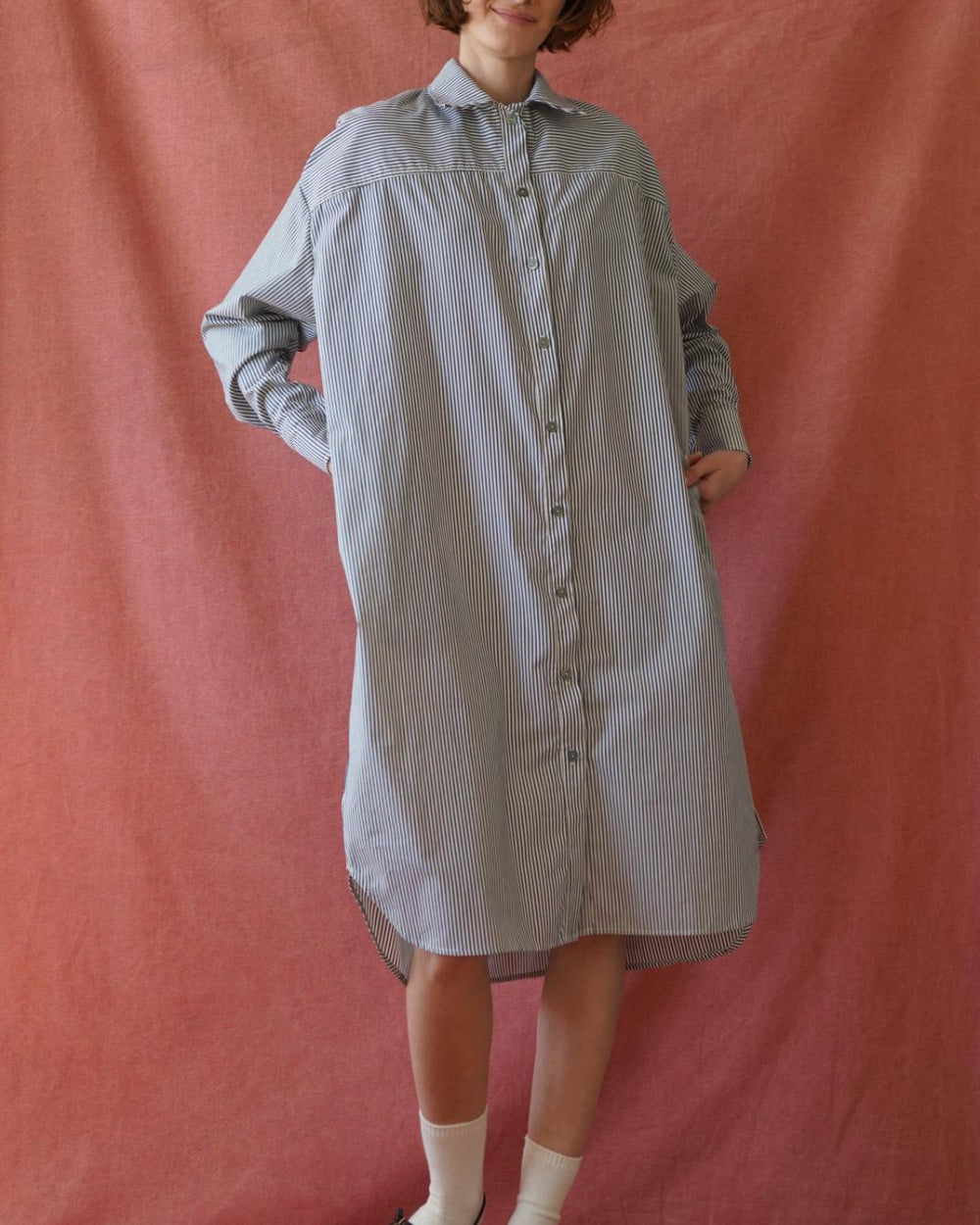 Pin Stripe Shirt Dress - Navy - Dresses