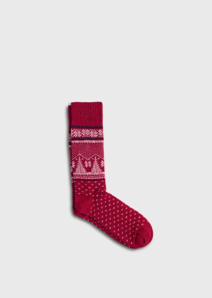Pine Tree & Snowflake Sock - Red - ONE SIZE - Socks