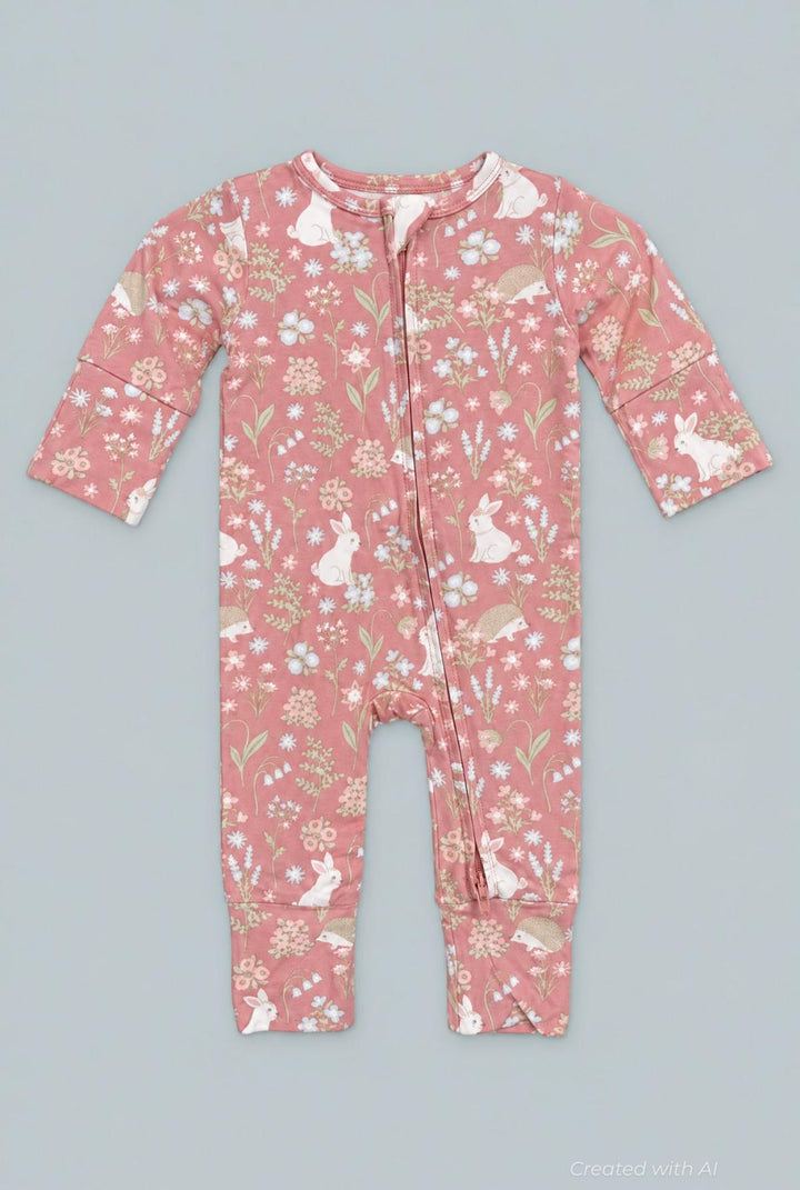 Pink Bunny Floral Convertible Romper - Woodland Bunny - Romper