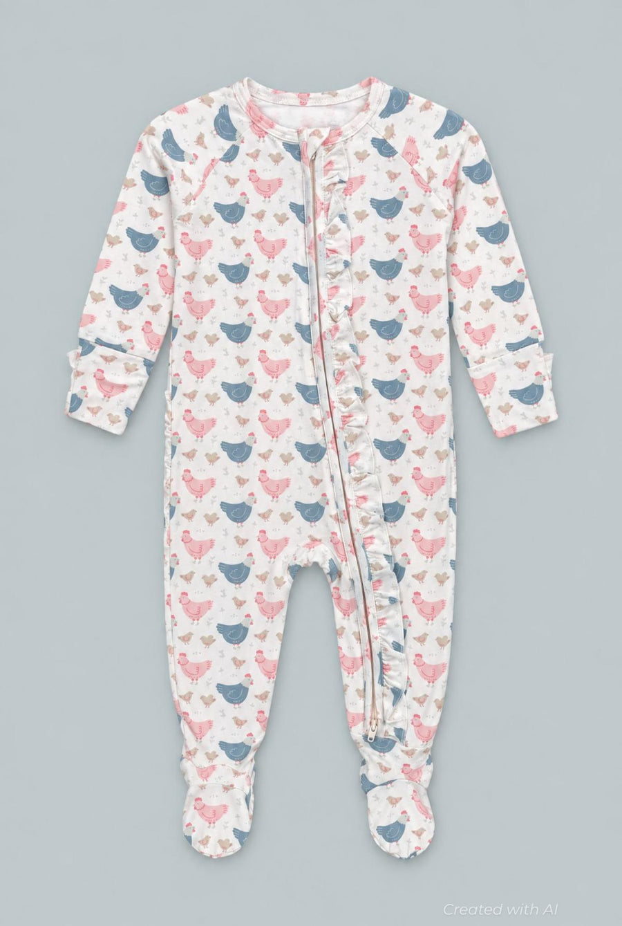 Pink Farm Hens Bamboo Ruffle Footie - Happy Hens - Onesie
