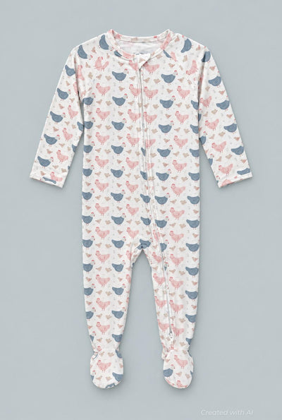 Pink Farm Hens Bamboo Zipper Footie - Happy Hens - Pajamas