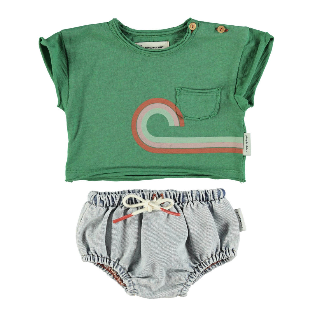 Baby T-Shirt & Baby Shorties - Green/Light Blue Denim At The Movies