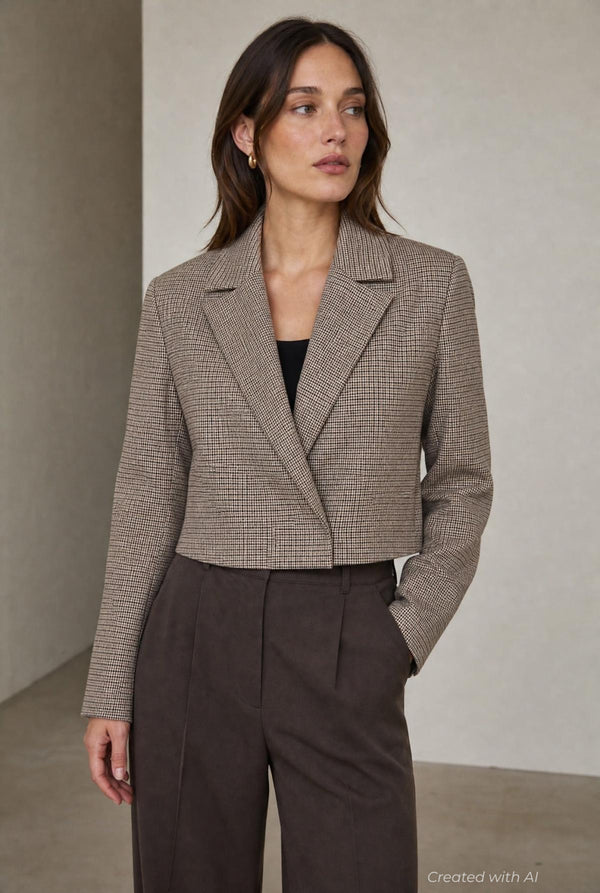 Plaid Cropped Blazer - Brown Combo - Blazer