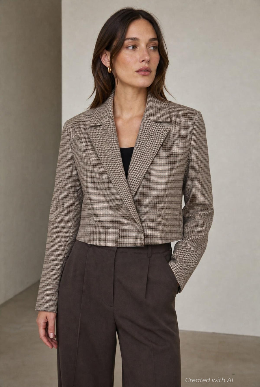 Plaid Cropped Blazer - Brown Combo - Blazer
