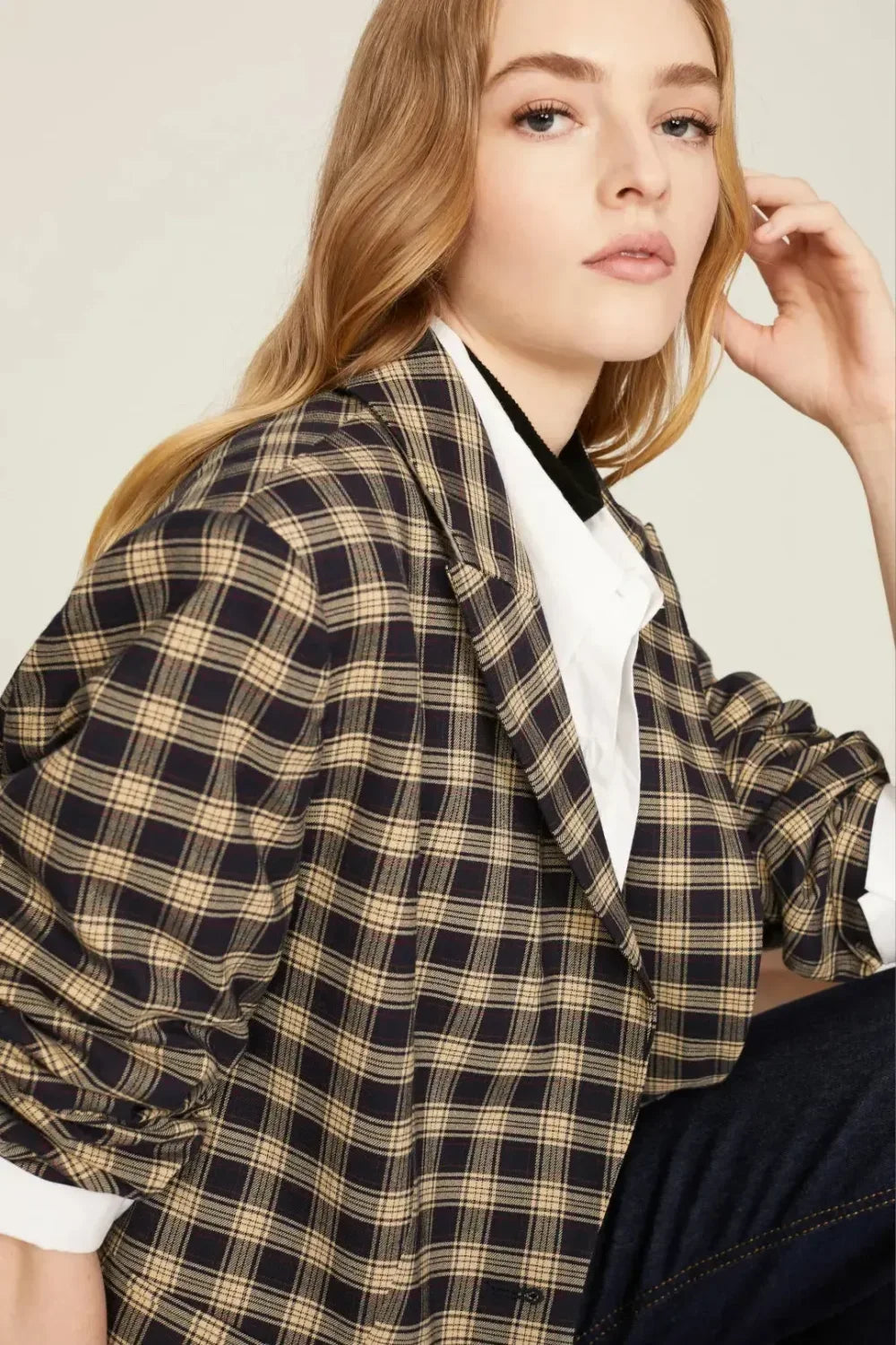 Plaid Oversized Blazer - Navy Combo - Blazer