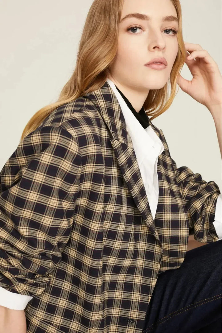 Plaid Oversized Blazer - Navy Combo - Blazer