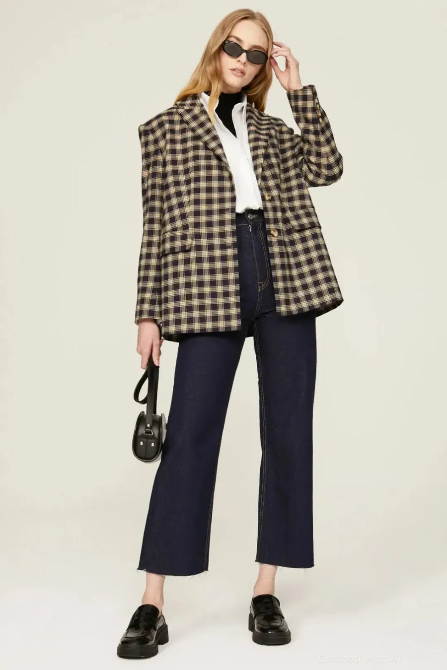 Plaid Oversized Blazer - Navy Combo - Blazer
