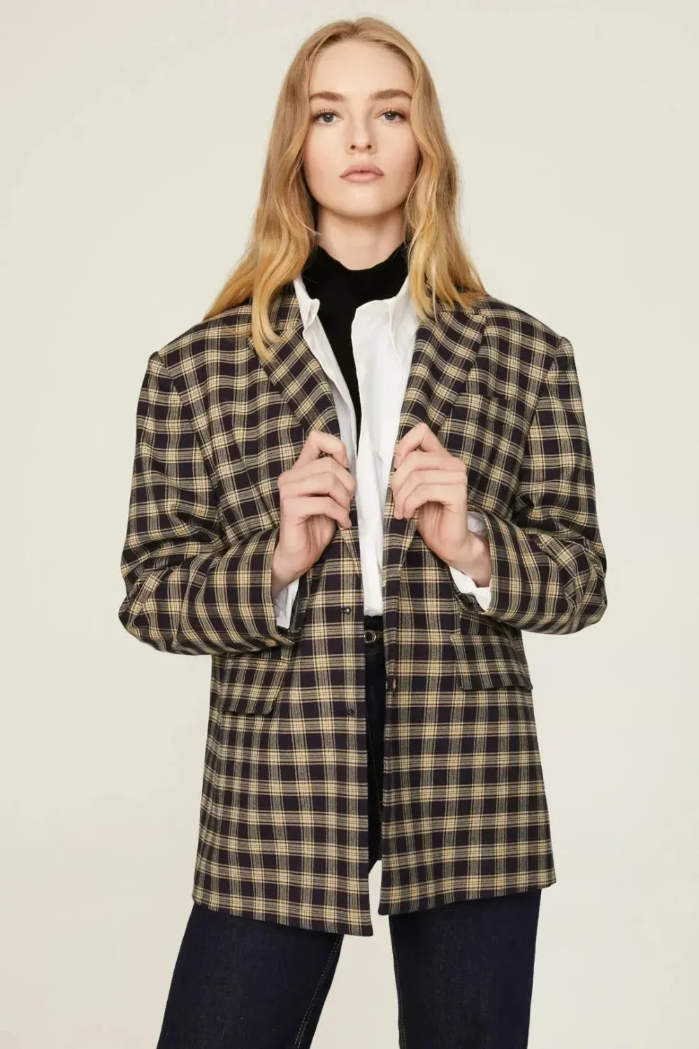 Plaid Oversized Blazer - Navy Combo - Blazer