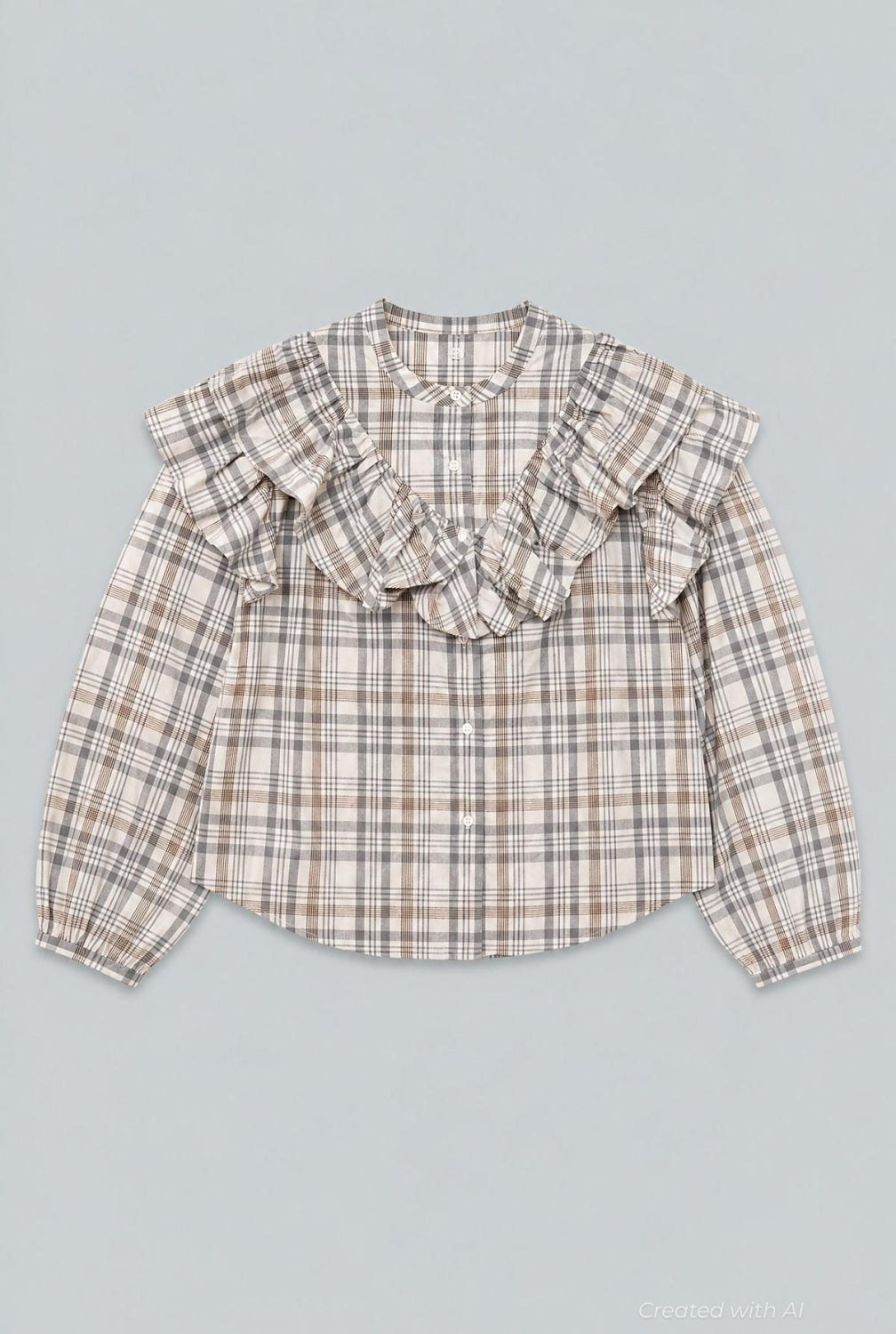 Plaid Ruffle Blouse - Gray Blue - Blouse