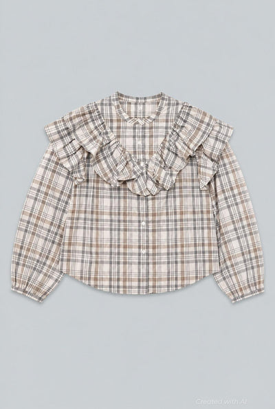 Plaid Ruffle Blouse - Gray Blue - Blouse