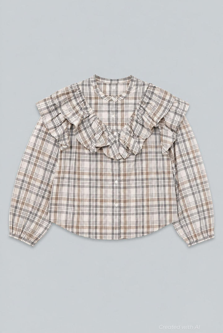 Plaid Ruffle Blouse - Gray Blue - Blouse