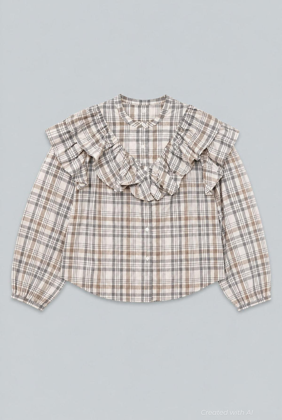 Plaid Ruffle Blouse - Gray Blue - Blouse