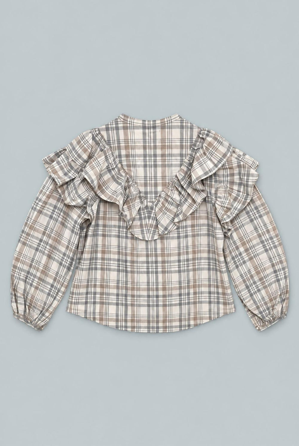 Plaid Ruffle Blouse - Gray Blue - Blouse