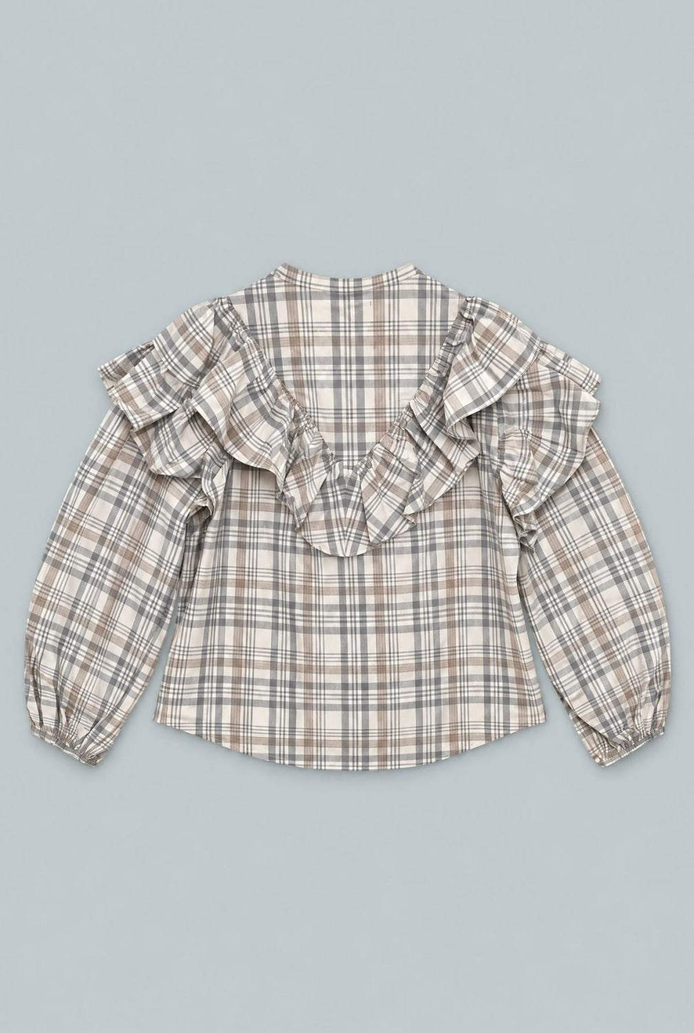 Plaid Ruffle Blouse - Gray Blue - Blouse