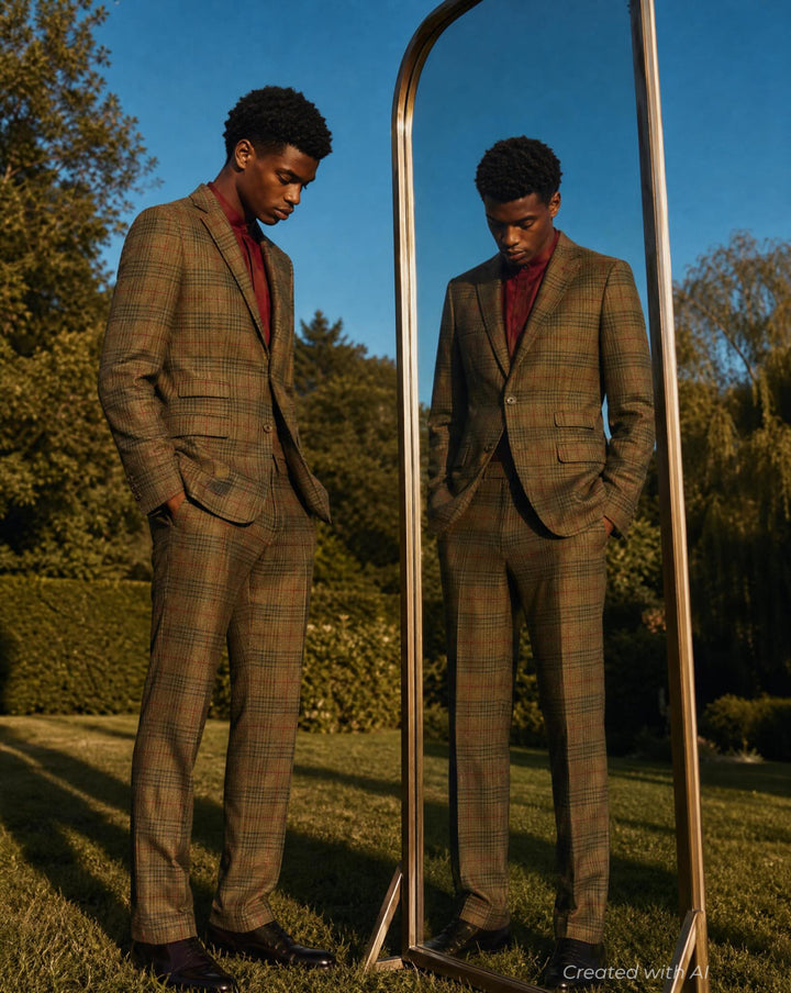 Plaid Two Button Suit - Olive - Suit