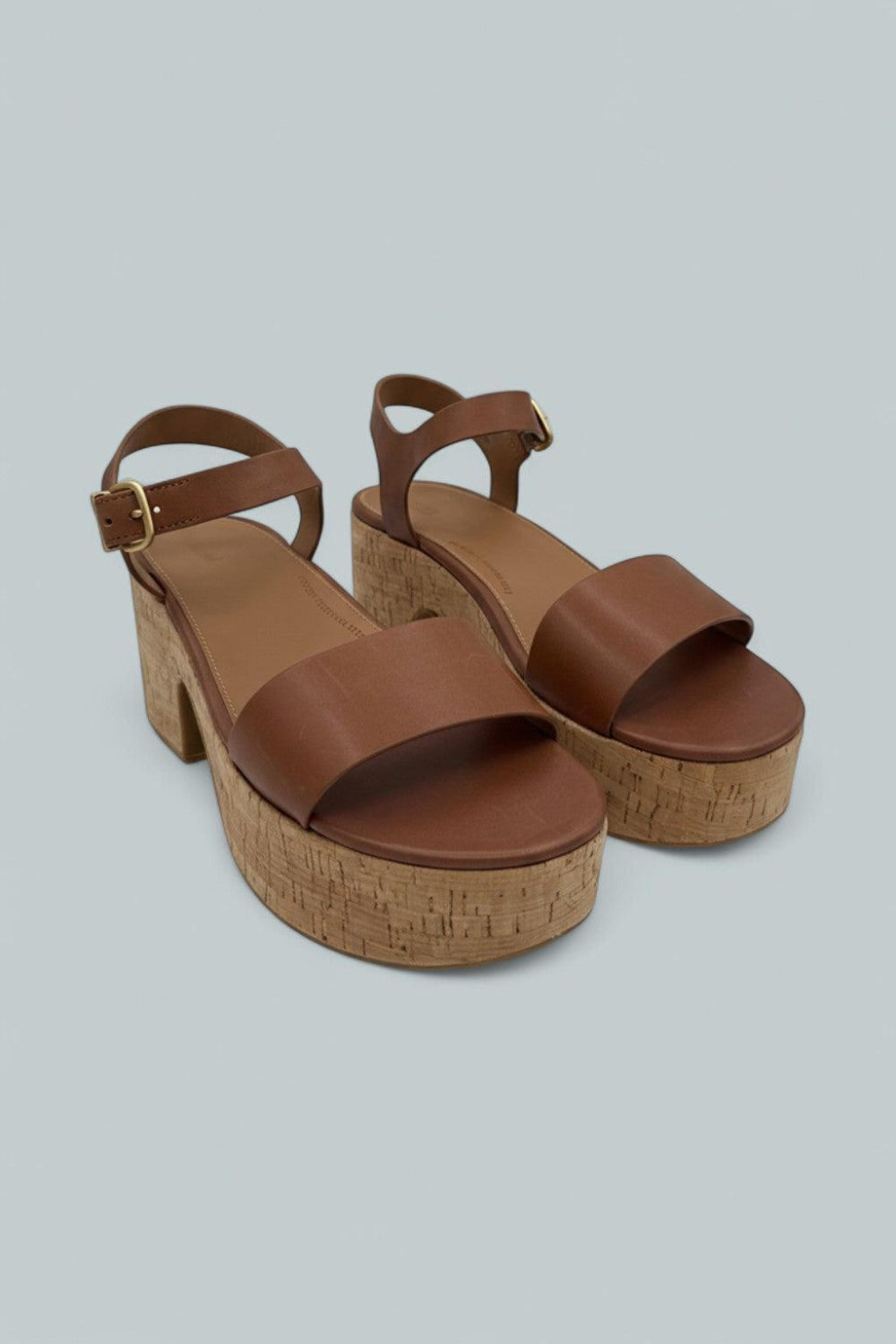 Platfforms Leather/Cork Heeled Ankle-Strap Sandals - Deep Tan - 9 - Sandals