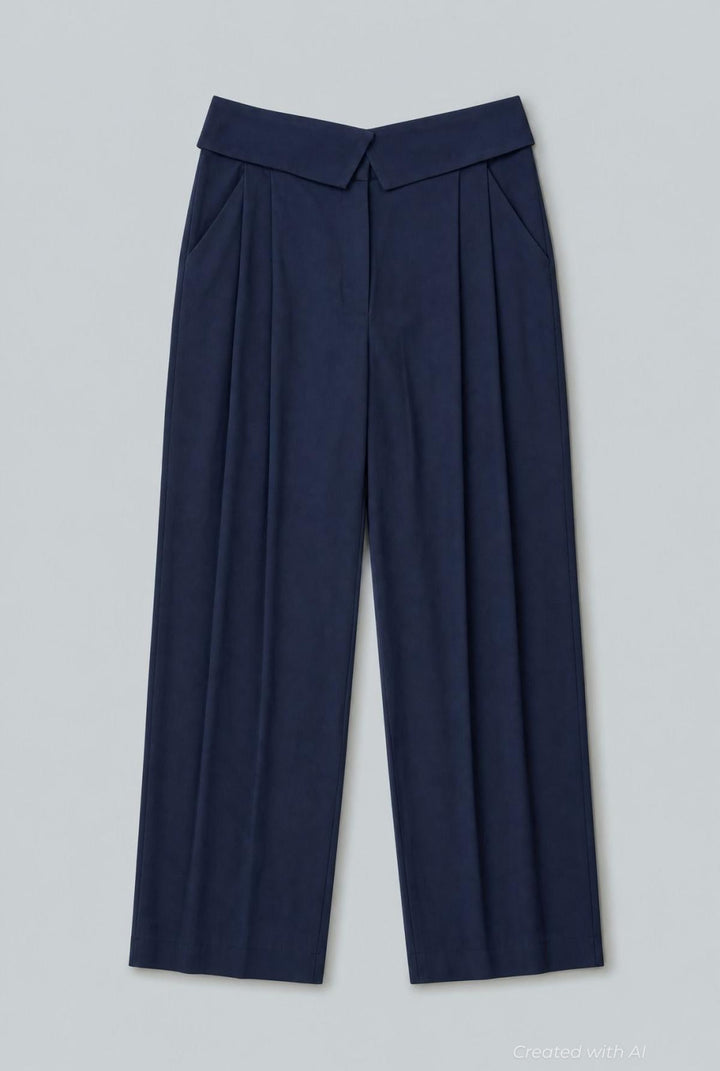 Pleat-Front Pants With Foldover Waistband - Navy - US 12 / L - Pants