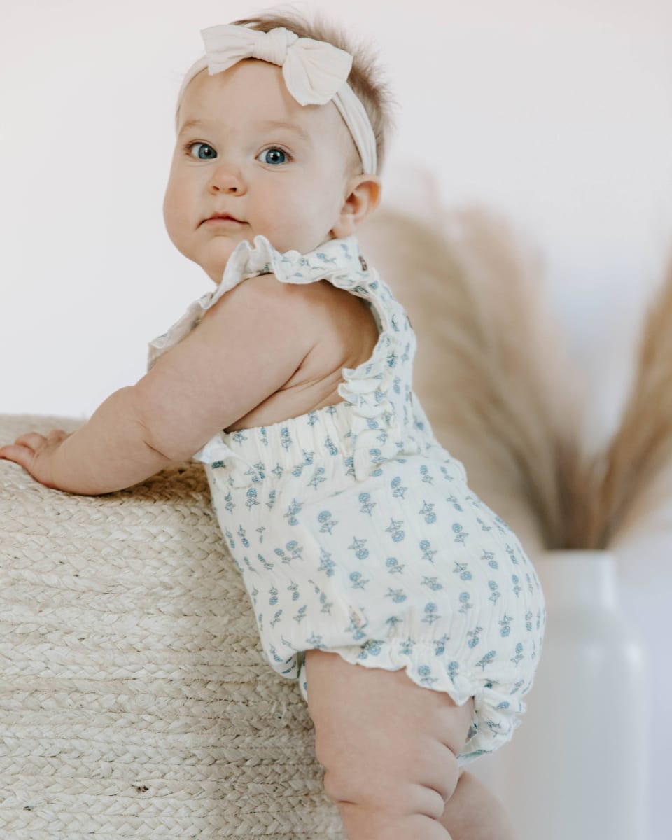 Organic Cotton Muslin Flutter Sleeve Bubble Romper - Cheerful Floral