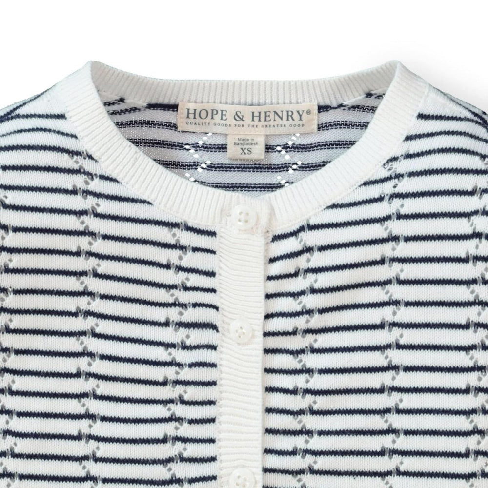 Pointelle Stripe Organic Cardigan - Navy Mini Stripe - 3-6 Months - Cardigan
