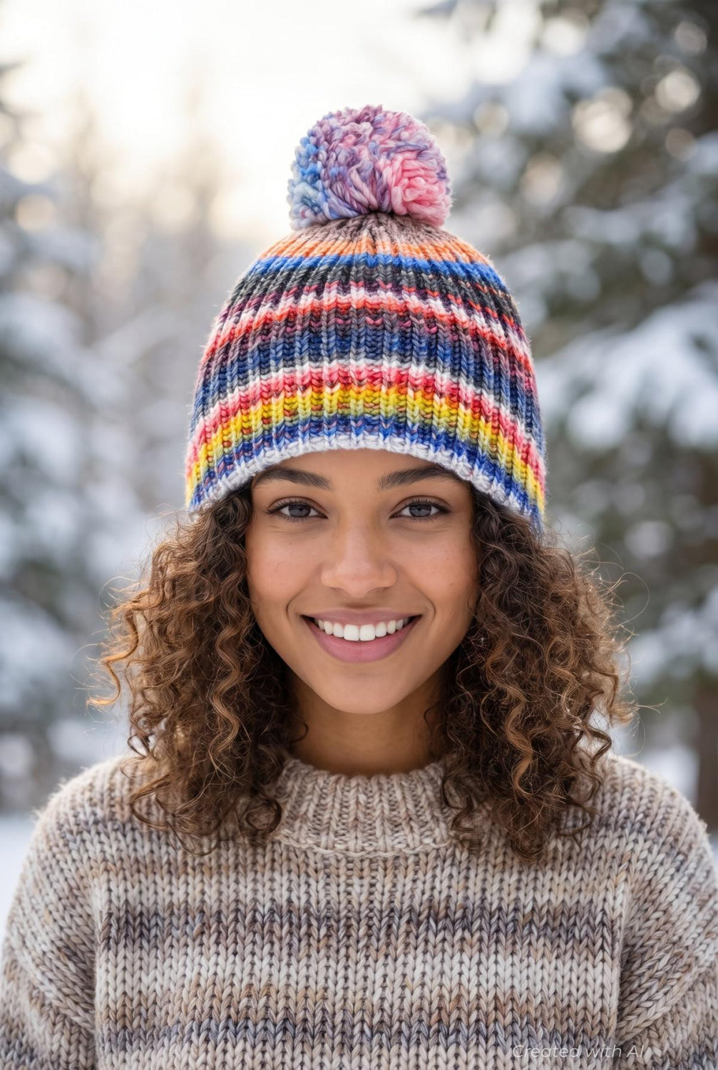 Pom Pom Beanie - Rainbow/Multi - OS - Hat