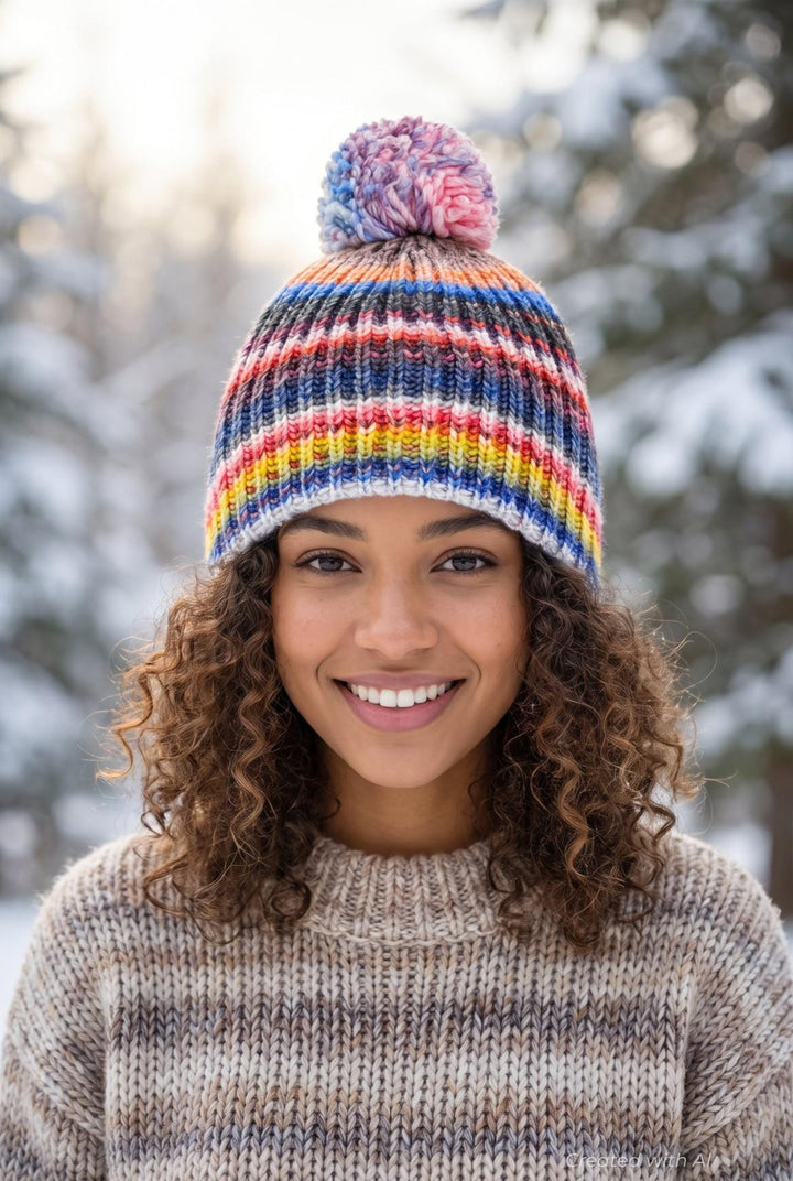 Pom Pom Beanie - Rainbow/Multi - OS - Hat