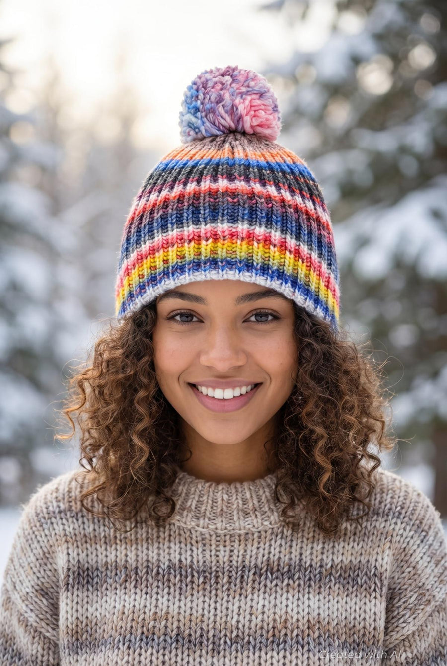 Pom Pom Beanie - Rainbow/Multi - OS - Hat