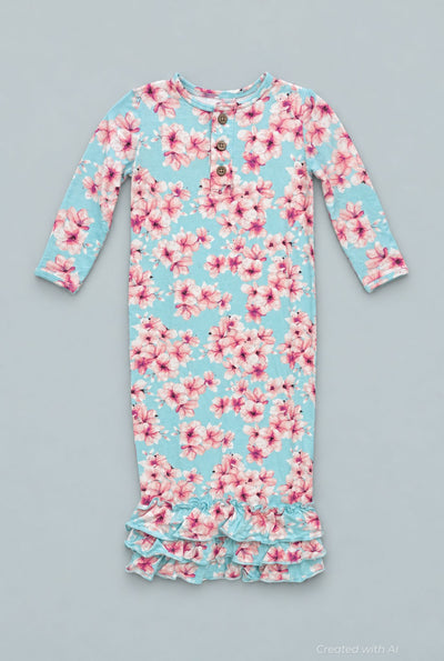 Pretty Pink Floral Ruffle Baby Gown - Cherry Blossoms - OS - Gown
