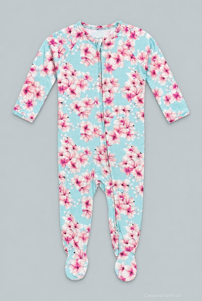 Pretty Pink Floral Zipper Footie - Cherry Blossoms - Onesie