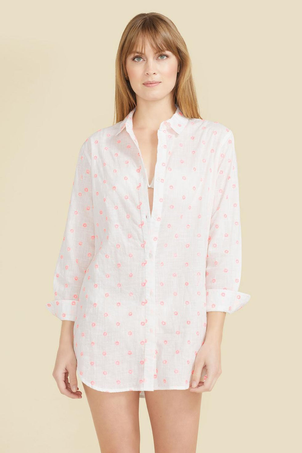 Primavera Shirt Dress - White with Pink Flowers - Cover-up