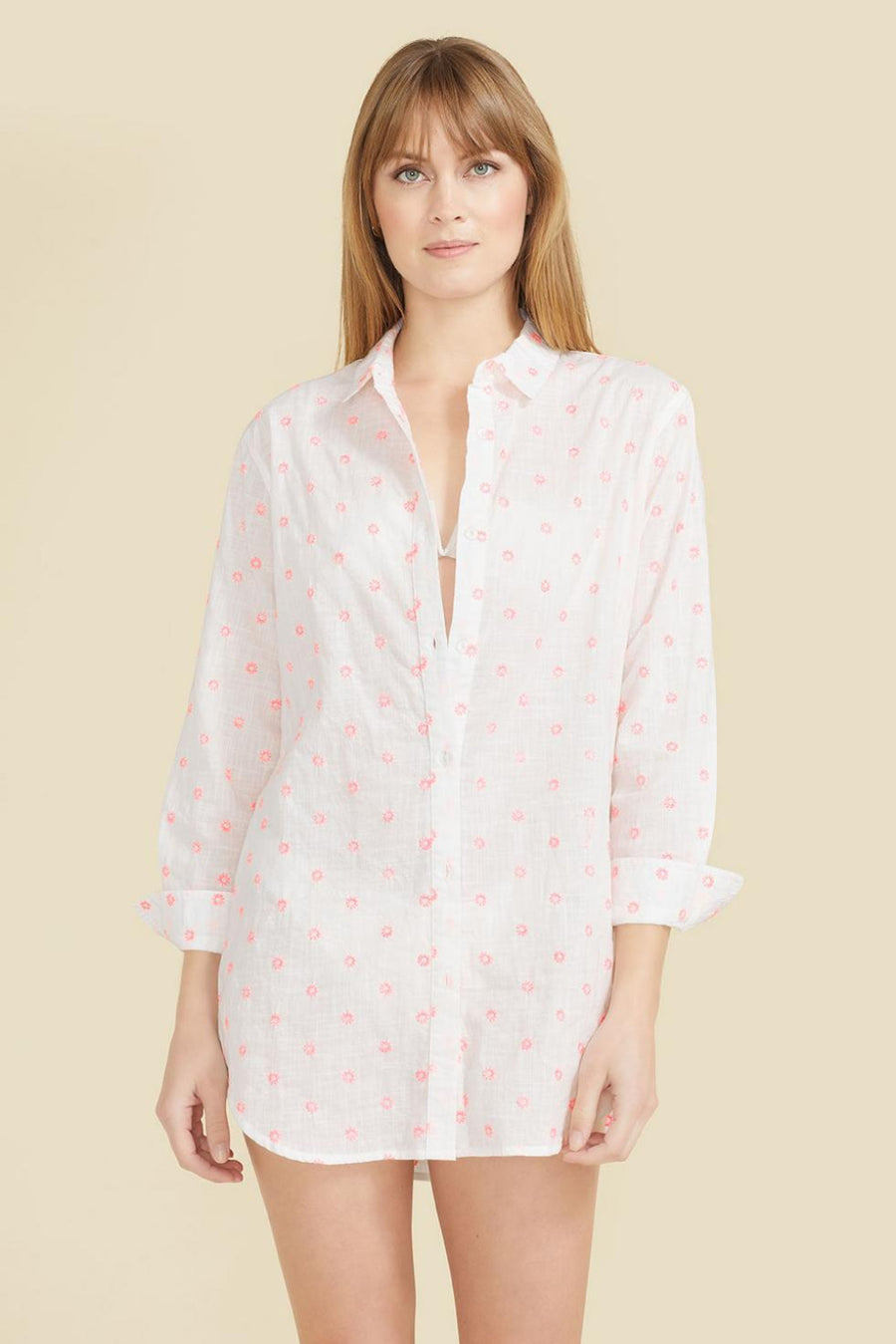 Primavera Shirt Dress - White with Pink Flowers - Cover-up